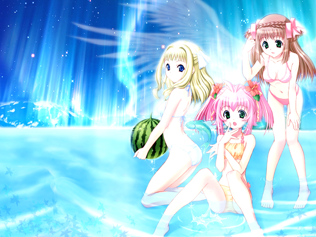 3girls adjusting_hair animal ass aurora barefoot bent_over bikini bistro_cupid bistro_cupid_(series) bistro_cupid_2 blonde_hair blue_bikini blue_eyes braid breasts brown_hair celery_periwinkle cherry_maple collarbone feet_in_water fish flower flying_fish food fruit green_eyes hair_flower hair_ornament hair_ribbon hand_on_own_leg hand_to_own_mouth holding holding_food holding_fruit holding_watermelon kneeling leaf long_hair looking_at_viewer medium_breasts multiple_girls navel night open_mouth orange_bikini pandaki_(aki) partially_submerged pink_bikini pink_hair polka_dot polka_dot_bikini polka_dot_bikini_top ribbon sitting sky small_breasts smile sorrel_nasturtium sparkle standing star_(sky) starry_sky surprised swimsuit twintails water watermelon