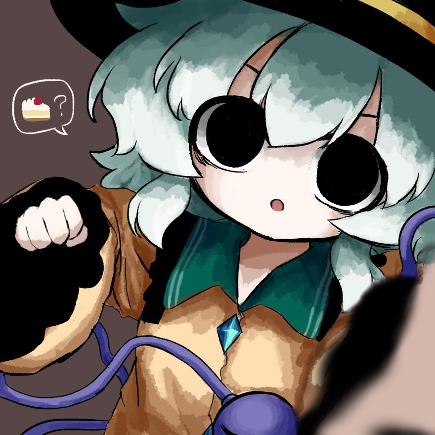 1girl ? black_hat buttons cake cake_slice clenched_hand diamond_button eyeball food frilled_shirt_collar frilled_sleeves frills green_hair hat hat_ribbon heripantomorrow incoming_attack incoming_punch komeiji_koishi pov punching ribbon shirt speech_bubble spoken_food strawberry_shortcake third_eye touhou wide_sleeves yellow_ribbon yellow_shirt