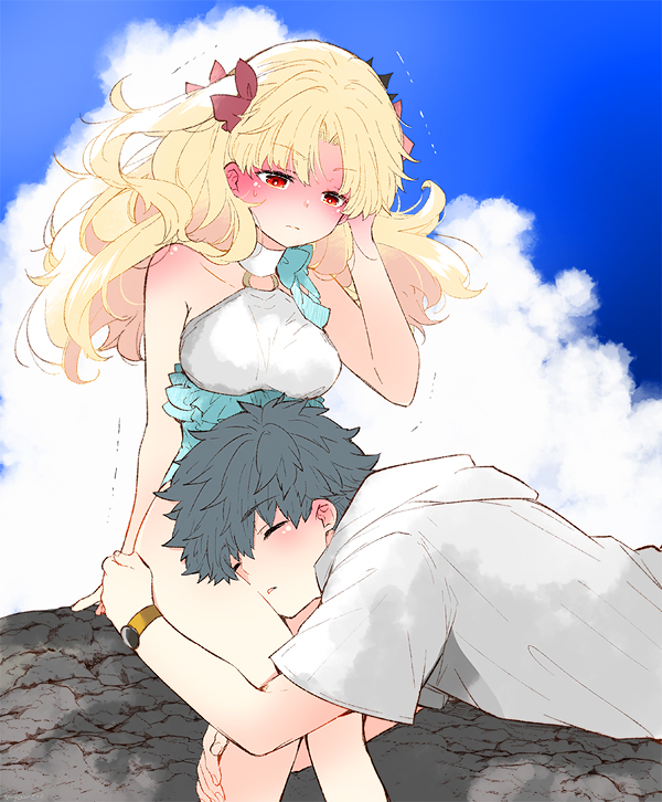 1boy 1girl azumi_(myameco) black_hair blonde_hair blue_sky blush closed_eyes cloud commentary ereshkigal_(fate) fate/grand_order fate_(series) fujimaru_ritsuka_(male) fujimaru_ritsuka_(male)_(summer_street) hair_ribbon hood hood_down hoodie lap_pillow long_hair lying official_alternate_costume one-piece_swimsuit outdoors parted_bangs red_eyes red_ribbon ribbon short_hair short_sleeves sitting sky space_ereshkigal_(fate) space_ereshkigal_(first_ascension)_(fate) swimsuit symbol-only_commentary two_side_up white_hoodie