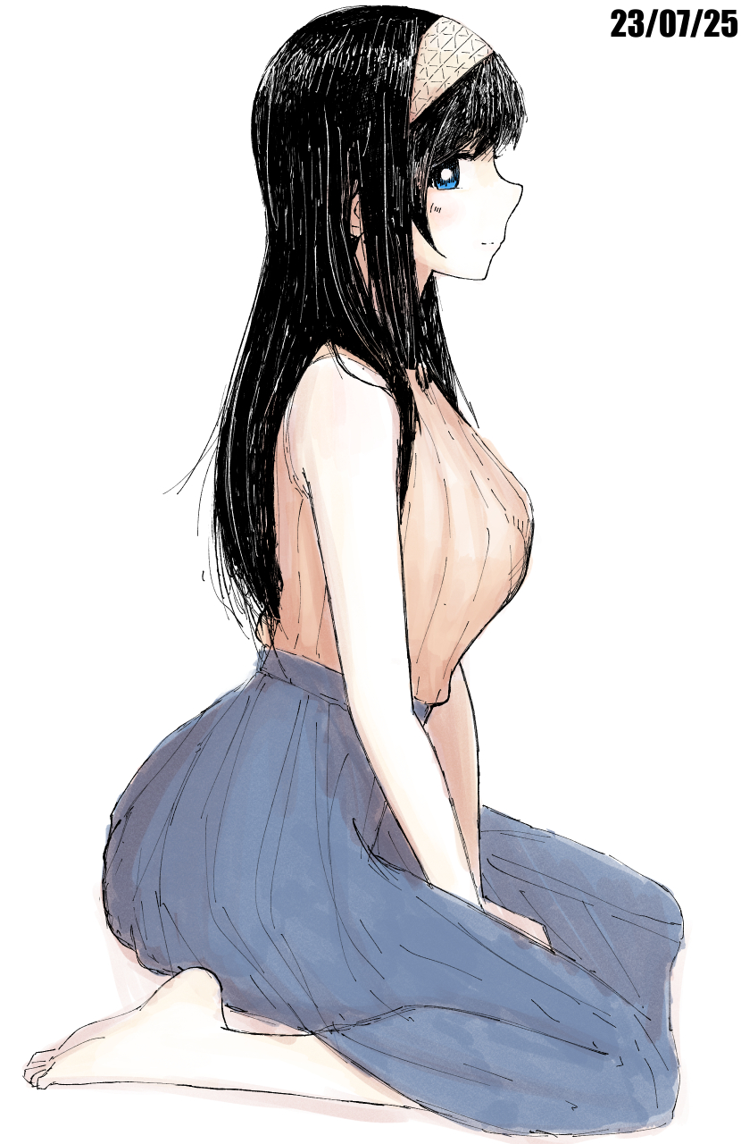 1girl barefoot black_hair blue_eyes blue_skirt blush breasts bright_pupils dated from_side hairband highres idolmaster idolmaster_cinderella_girls kneeling koitusmile large_breasts light_smile looking_at_viewer own_hands_together ribbed_sweater sagisawa_fumika shirt sideways_glance simple_background sketch skirt sleeveless sleeveless_shirt soles solo sweater toes white_background white_hairband