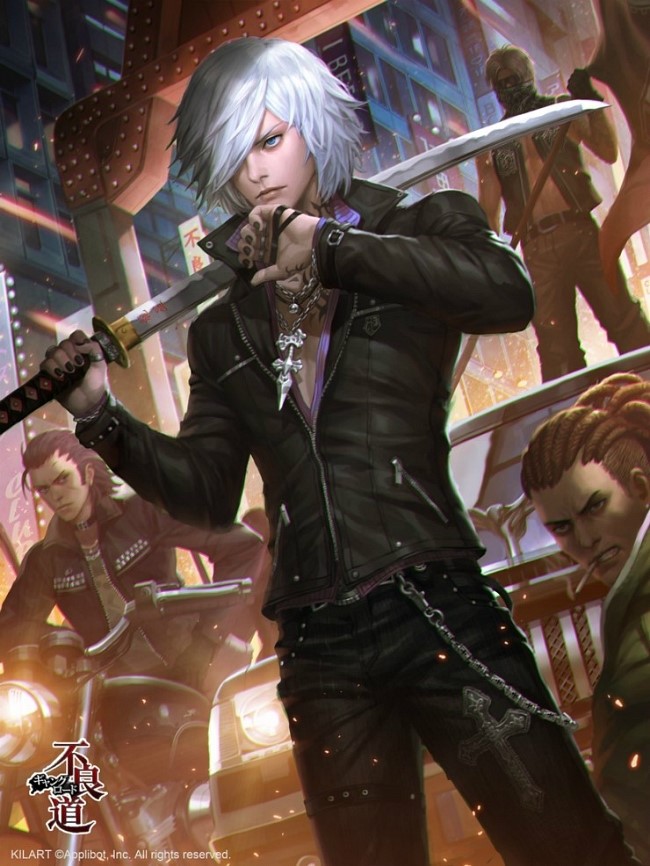 4boys bad_id bad_tumblr_id biker biker_clothes black_nails blue_eyes brown_hair cigarette cornrows furyou_michi_~gang_road~ hair_over_one_eye jacket katana kilart leather leather_jacket male_focus male_polish motor_vehicle motorcycle multiple_boys nail_polish on_motorcycle over_shoulder pale_skin smoking solo_focus sword sword_over_shoulder vehicle weapon weapon_over_shoulder white_hair