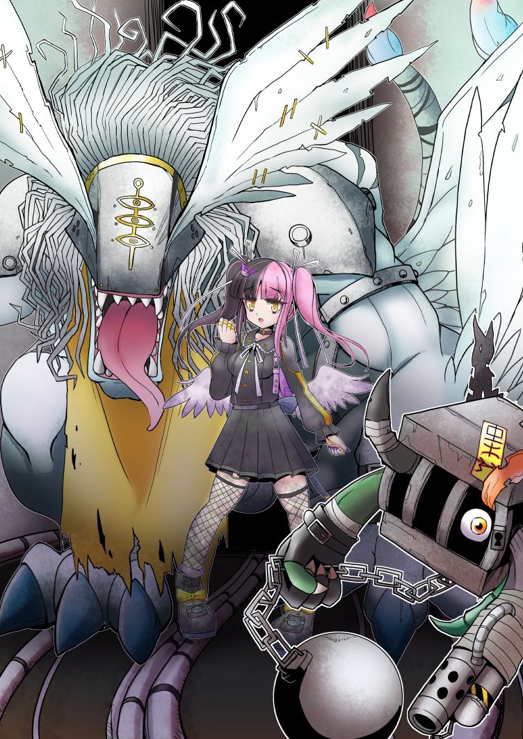 1girl 2others chain digimon digimon_(creature) flamethrower manticoremon mimicmon multiple_others original sharp_teeth teeth tongue tongue_out twintails weapon