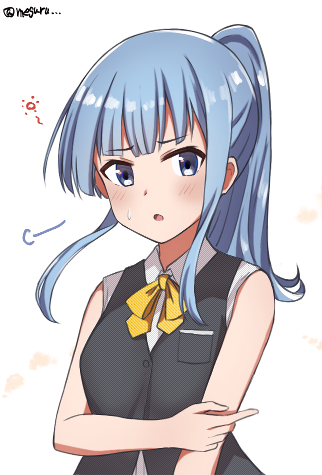 1girl alternate_hairstyle ascot bad_id bad_twitter_id black_vest blouse blue_hair blush commentary_request hatsukaze_(kancolle) kantai_collection looking_at_viewer meguru_(megurunn) ponytail shirt simple_background sleeves_rolled_up solo twitter_username upper_body vest white_background white_shirt