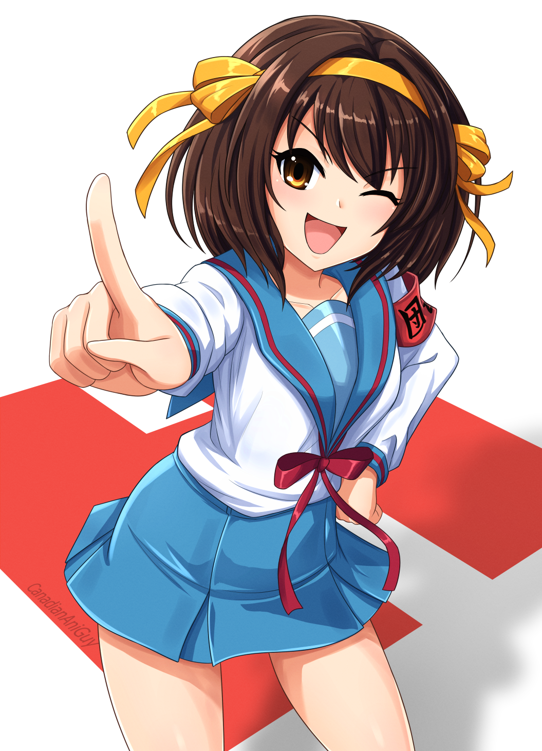 1girl blue_sailor_collar blue_skirt breasts brown_eyes brown_hair canadiananiguy collarbone commentary h_(letter) hair_ribbon hairband hand_on_own_hip highres index_finger_raised kita_high_school_uniform long_sleeves looking_at_viewer medium_hair open_mouth outstretched_arm red_ribbon ribbon sailor_collar school_uniform serafuku simple_background skirt smile solo standing suzumiya_haruhi suzumiya_haruhi_no_yuuutsu white_background winter_uniform yellow_hairband yellow_ribbon