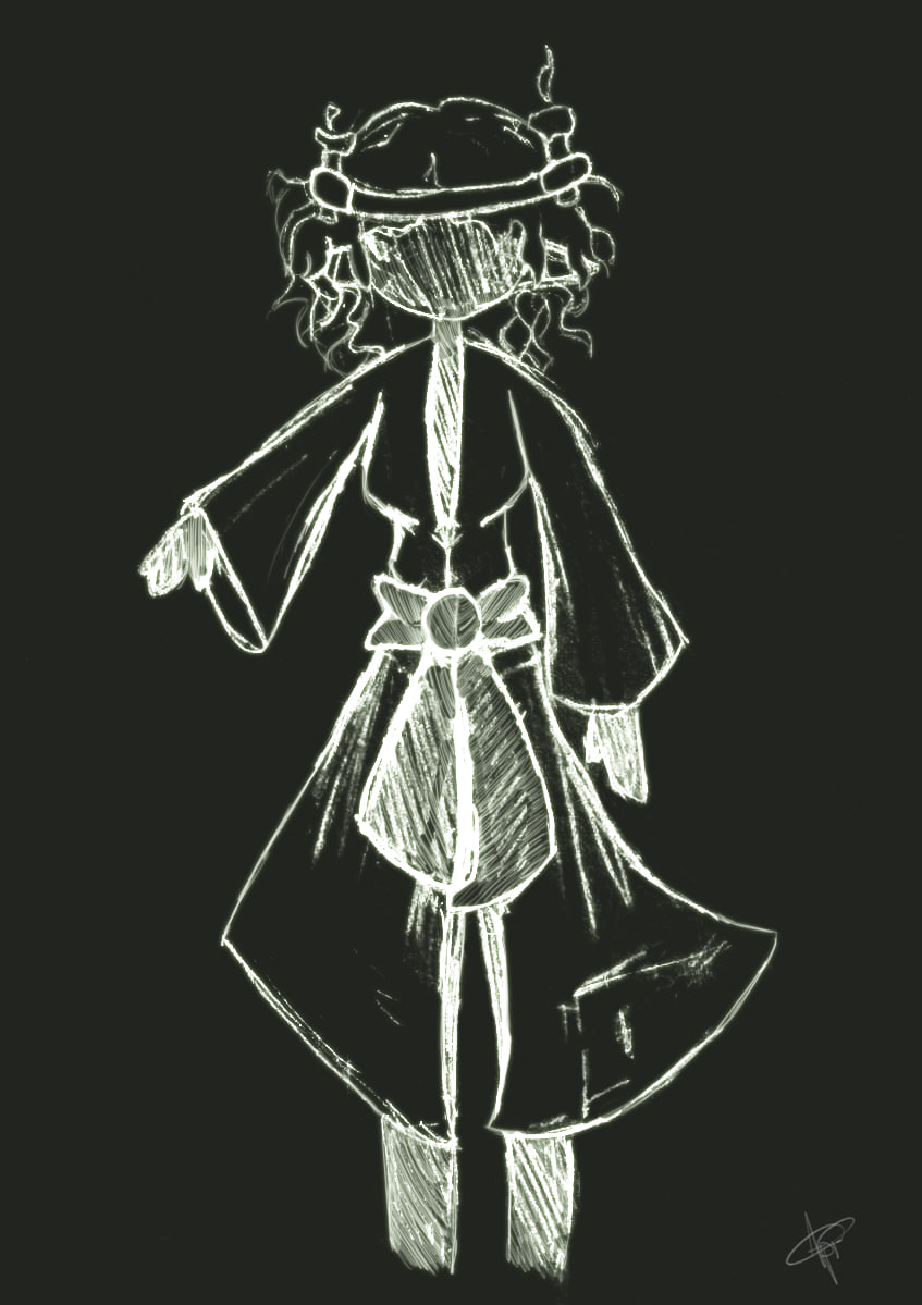 1girl alternate_costume artist_request black_background black_theme candle cropped_legs faceless greyscale hashihime long_sleeves mizuhashi_parsee monochrome non-web_source pointy_ears short_hair signature solo tagme touhou ushi_no_koku_mairi
