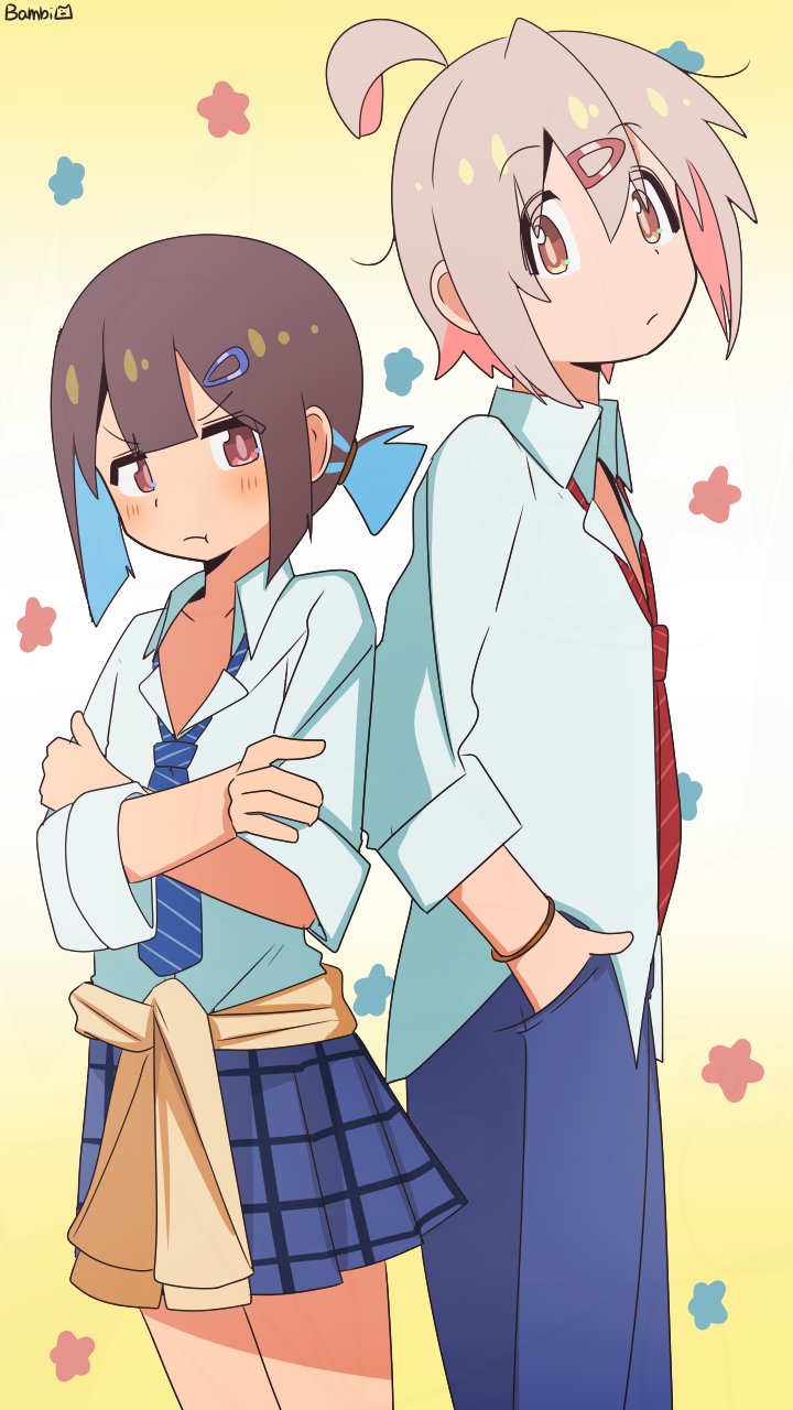 1boy 1girl :t back-to-back bambi2000line blue_hair blue_necktie blue_pants blue_sky blunt_bangs blush brown_eyes brown_hair clothes_around_waist commentary crossed_arms frown gradient_background hair_between_eyes hair_ornament hairclip hand_in_pocket highres hozuki_momiji jacket jacket_around_waist looking_at_viewer multicolored_hair necktie onii-chan_wa_oshimai! oyama_mahiro_(male) pants pink_hair pleated_skirt ponytail pout red_necktie school_uniform shirt short_hair short_ponytail simple_background skirt sky star_(symbol) star_symbol_background striped_necktie two-tone_hair untucked_shirt white_background white_shirt wing_collar yellow_background yellow_jacket