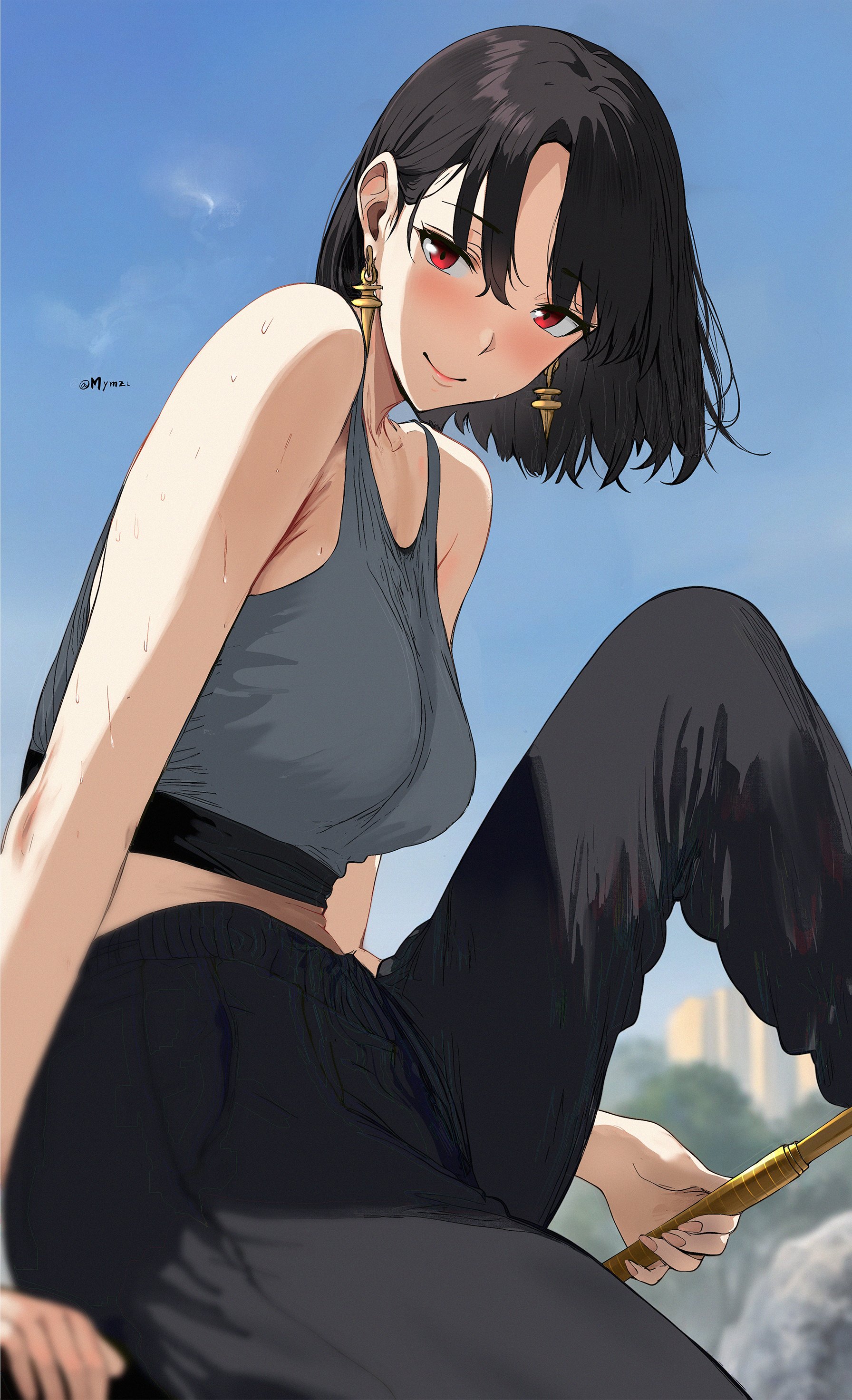 1girl absurdres alternate_hair_length alternate_hairstyle bare_shoulders black_hair black_pants blue_sky breasts closed_mouth earrings gold_earrings highres jewelry large_breasts looking_at_viewer mymzi pants red_eyes short_hair sitting sky smile solo sports_bra spy_x_family sweat yor_briar