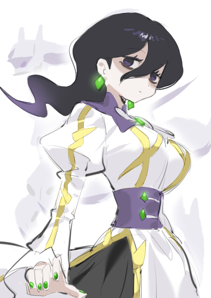 1girl alternate_costume arceus arceus_(ghost) black_hair breasts corset dress earrings game_freak gen_4_pokemon gold_trim green_nails hair_between_eyes hex_maniac_(pokemon) hex_maniac_(pokemon_legends:_z-a) jewelry juliet_sleeves large_breasts legendary_pokemon long_hair long_sleeves looking_at_viewer mythical_pokemon neck_ribbon nintendo pokemon pokemon_(creature) pokemon_legends:_z-a pokemon_masters_ex puffy_sleeves purple_corset purple_eyes purple_ribbon raine_(acke2445) ribbon sphere_earrings white_dress yellow_stripes
