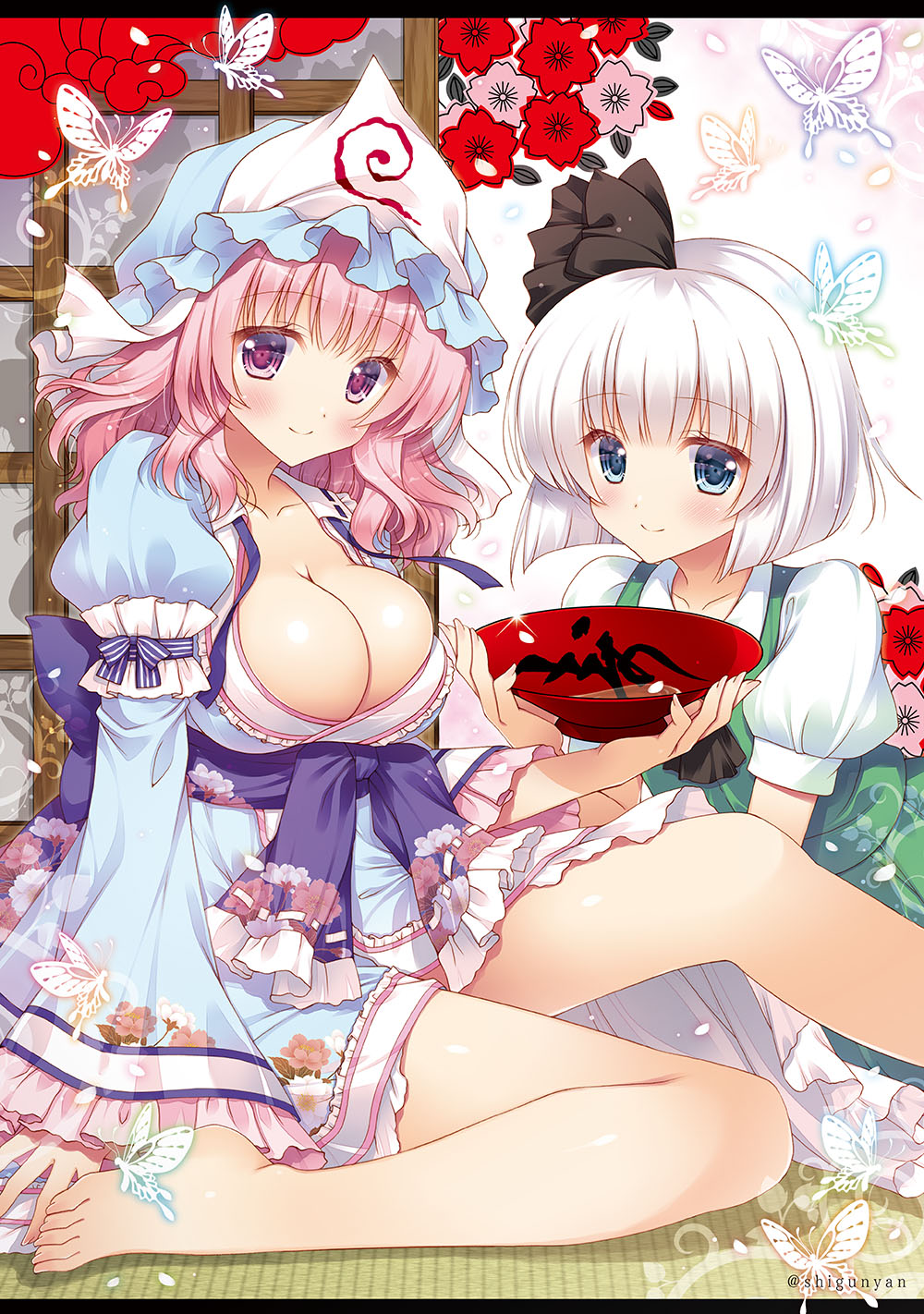 2girls blue_dress blue_eyes breasts dress feet green_dress highres konpaku_youmu large_breasts legs multiple_girls pink_eyes pink_hair saigyouji_yuyuko shigunyan short_hair smile touhou white_dress white_hair