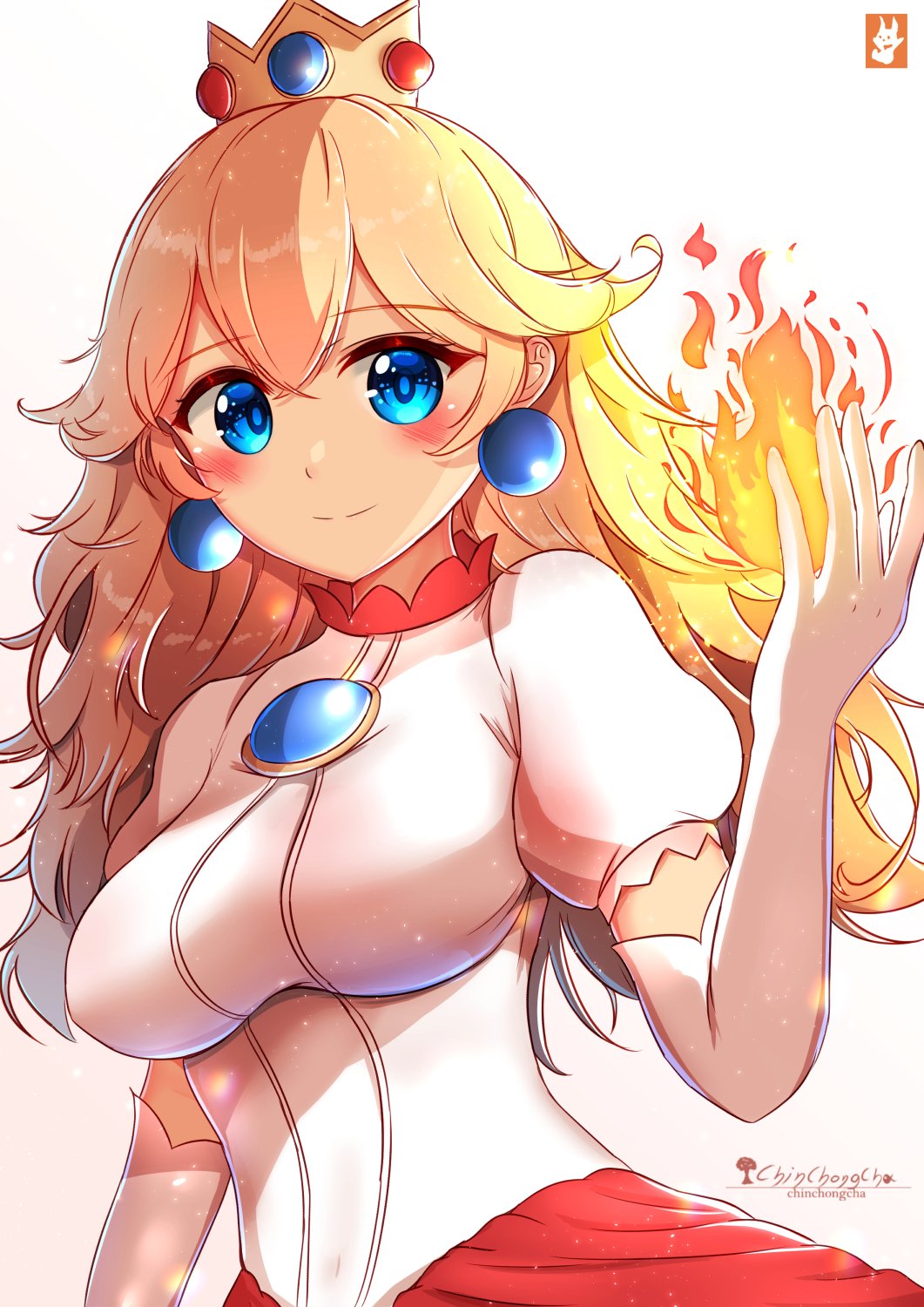 1girl artist_name blonde_hair blue_eyes blue_gemstone brooch chinchongcha closed_mouth collar collared_dress commentary covered_erect_nipples cowboy_shot crown dress elbow_gloves english_commentary fire fire_peach gem gloves highres jewelry lace-trimmed_sleeves lace_trim light_blush light_particles long_hair looking_at_viewer mario_(series) mini_crown mixed-language_commentary nintendo princess_peach puffy_short_sleeves puffy_sleeves pyrokinesis red_collar short_sleeves simple_background smile solo watermark white_background white_dress white_gloves white_sleeves yellow_crown