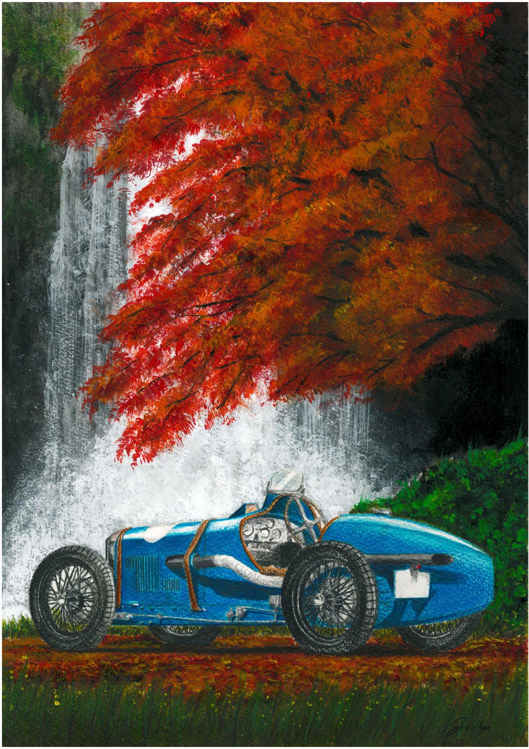 bugatti car highres jakee-sgn motor_vehicle nature no_humans scenery vehicle_focus water waterfall