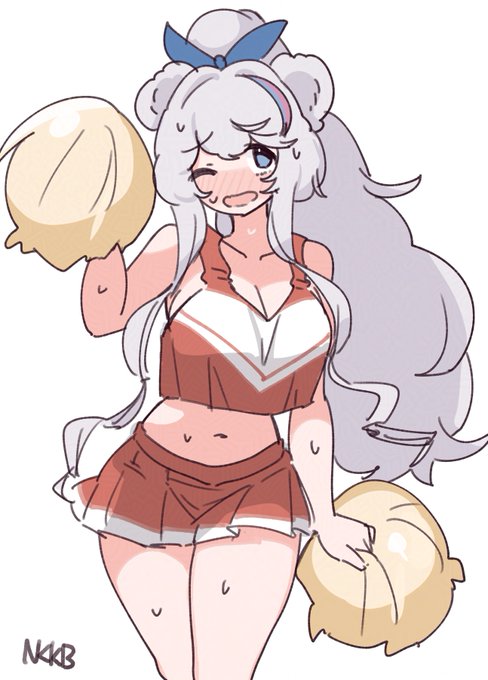 alternate_costume animal_ears arknights bear_ears blue_eyes blush bow breasts cheerleader cleavage crop_top embarrassed hair_bow high_ponytail midriff nikukabe one_eye_closed pom_pom_(cheerleading) ponytail red_skirt rosa_(arknights) sidelocks simple_background skirt sweat sweatdrop tagme thighs white_hair