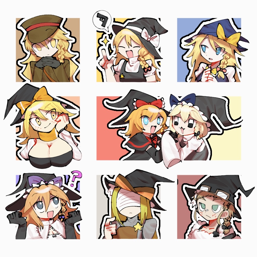 6+girls :3 ? akane_(cookie) black_eyes black_gloves black_hat black_vest blindfold blonde_hair blue_eyes blue_hat bow bowtie braid breasts brown_hat brown_jacket cleavage closed_mouth commentary_request cookie_(touhou) expressionless freckles frilled_hat frills gendou_pose gloves goggles goggles_on_headwear grey_eyes hair_bow hands_clasped hat hitsuji_tamura holding_hands ichirou_(cookie) jacket kirisame_marisa kohaku_(cookie) large_breasts long_hair meguru_(cookie) mikami_makoto military_hat military_uniform multiple_girls open_mouth own_hands_clasped own_hands_together purple_bow ruka_(cookie) shirt short_bangs side_braid single_braid smile star_(symbol) suzu_(cookie) touhou upper_body vest white_background white_shirt witch_hat yellow_bow yellow_bowtie yellow_eyes yuuhi_(cookie) zakuro_ishi