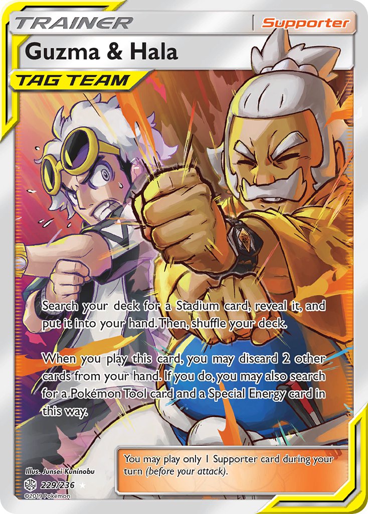 2boys artist_name black_jacket blue_shirt bracelet card_(medium) character_name closed_eyes company_name copyright_name copyright_notice dark-skinned_male dark_skin english_text eyewear_on_head facial_hair flying_sweatdrops guzma_(pokemon) hala_(pokemon) jacket jewelry kuninobu_junsei male_focus multiple_boys mustache nintendo official_art open_clothes open_jacket pokemon pokemon_card pokemon_sm pokemon_tcg shirt short_hair sunglasses sweatdrop team_skull teeth third-party_source trading_card white_hair white_shirt yellow_jacket z-crystal z-move_trainer_pose z-ring