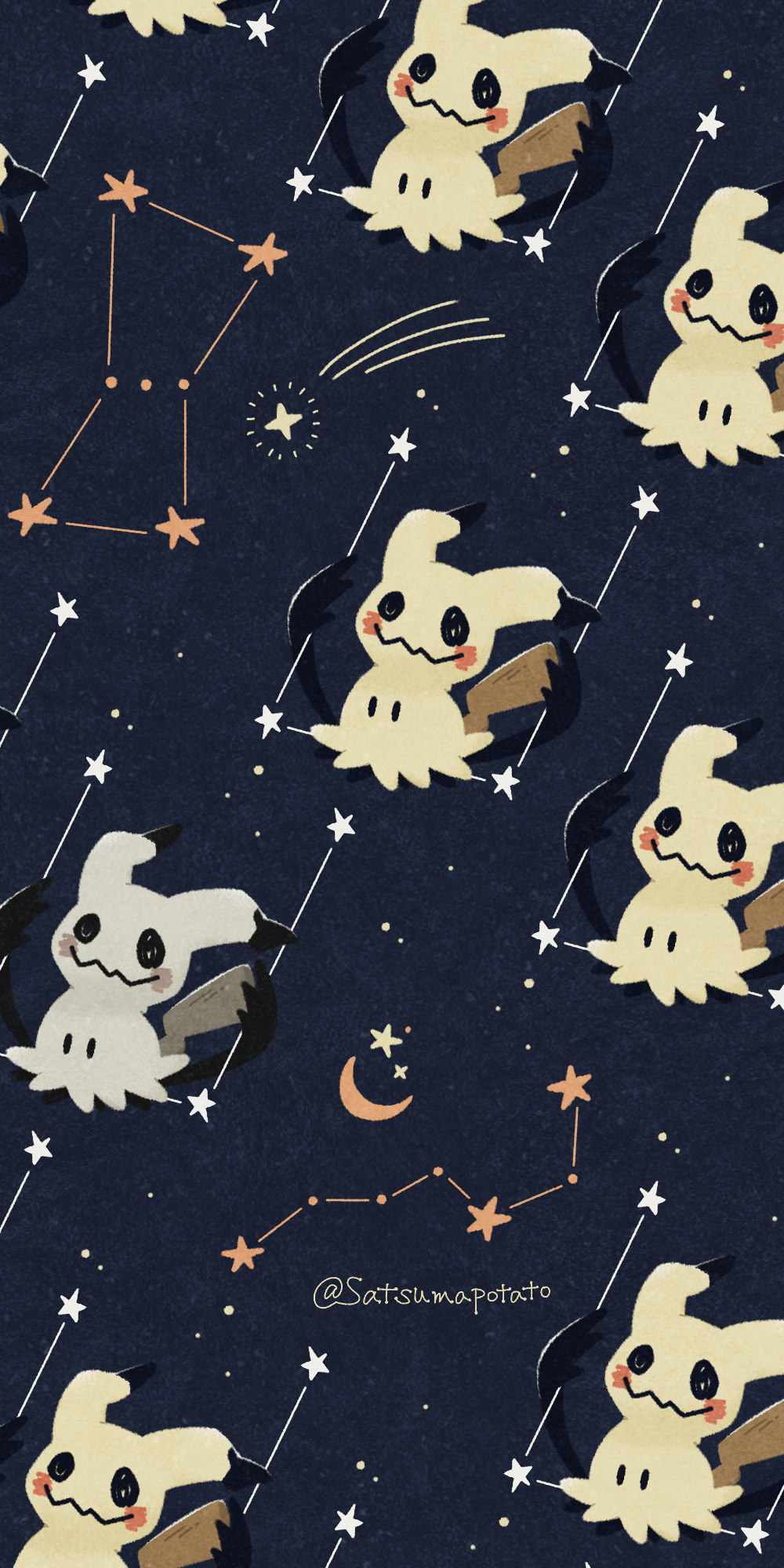 alternate_color black_eyes constellation_request crescent_moon gen_7_pokemon highres mimikyu moon night night_sky nintendo no_humans on_swing pokemon pokemon_(creature) satsumapotato shiny_pokemon shooting_star sky star_(sky) swing swinging twitter_username wavy_mouth