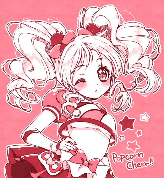 10s 1girl bow cure_honey cure_honey_(popcorn_cheer) female_focus hand_on_own_hip happinesscharge_precure! looking_at_viewer magical_girl monochrome one_eye_closed oomori_yuuko precure red_background red_theme sidelocks skirt solo star_(symbol) twintails uzuki_aki waist_bow wrist_cuffs