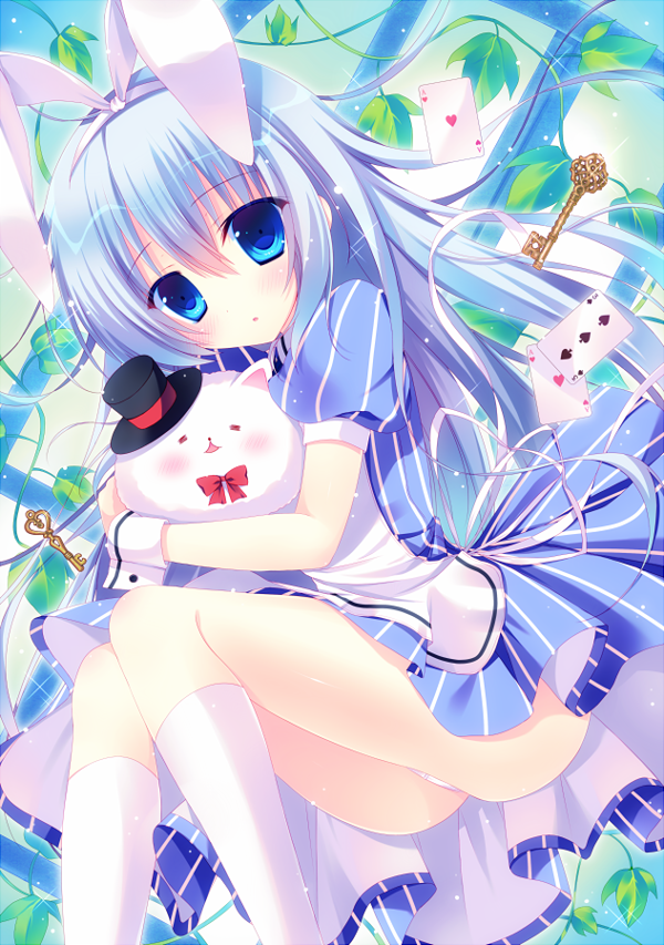 1girl =_= bad_id bad_pixiv_id blue_dress blue_eyes blue_hair blush bow card dress gochuumon_wa_usagi_desu_ka? hair_ribbon hasune_(hasuneya) hat heart heart_card kafuu_chino key kneehighs long_hair mini_hat mini_top_hat open_mouth panties pinstripe_pattern plant playing_card puffy_short_sleeves puffy_sleeves ribbon short_sleeves socks spade spades_card sparkle striped_clothes striped_dress tippy_(gochiusa) tippy_(gochuumon_wa_usagi_desuka?) top_hat underwear vines white_panties white_socks wrist_cuffs