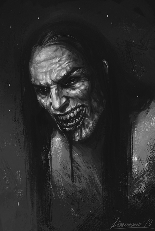 black_hair black_sclera blood blood_from_mouth blood_on_face colored_sclera blood_drip evil_grin evil_smile graphite_(medium) greyscale grin horror_(theme) konrad_curze long_hair looking_at_viewer monochrome primarch scar scar_on_face scar_on_mouth sharp_teeth signature smile teeth traditional_media veronica_anrathi warhammer_40k