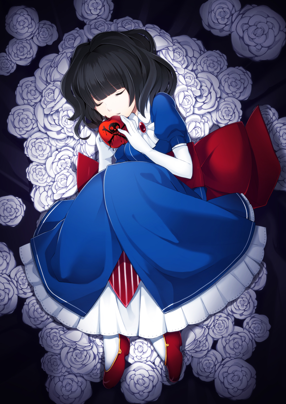 1girl apple bed_of_roses black_hair blue_dress blunt_bangs closed_eyes dress elbow_gloves female_focus flower food fruit gloves highres holding juugonichi_(wheeliex2) original rose short_hair skull_and_crossbones sleeping snow_white_(fairy_tale) snow_white_(fairy_tale_character) solo white_flower white_gloves white_legwear white_rose