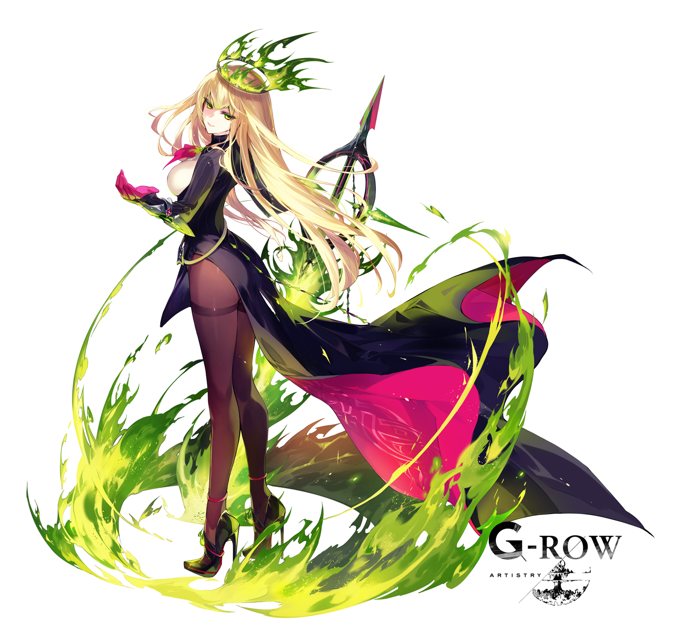 1girl ass black_footwear blonde_hair brown_pantyhose closed_mouth crown dainsleif_(phantom_of_the_kill) fire flaming_sword flaming_weapon from_side full_body green_crown green_eyes green_fire green_halo halo hand_up high_heels highres holding holding_sword holding_weapon legs looking_at_viewer looking_back official_art pantyhose phantom_of_the_kill shibuhiko simple_background smile solo stiletto_heels straight_hair sword weapon white_background