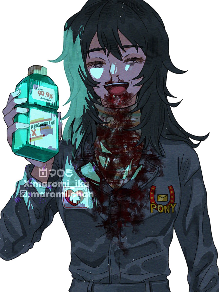 1girl :d ^_^ anya_(mouthwashing) arm_at_side bags_under_eyes black_hair blood blood_from_mouth blood_on_clothes blood_on_face bottle breasts closed_eyes double-parted_bangs facing_viewer fingernails grey_jacket hair_between_eyes hand_up highres holding holding_bottle instagram_username jacket long_sleeves maromichan medium_hair mouthwashing nosebleed open_mouth shirt sidelighting simple_background small_breasts smile solo straight-on teeth tongue turtleneck turtleneck_shirt twitter_username upper_body upper_teeth_only watermark white_background