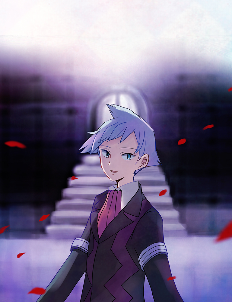 1boy blue_eyes blue_hair game_freak looking_at_viewer male_focus nintendo open_mouth petals pokemon pokemon_rse popcorn_91 smile solo stairs steven_stone