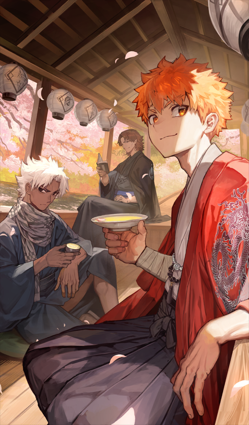 3boys beads black_hakama black_haori black_kimono blue_kimono blue_sash book brown_eyes brown_hair chaldea_boys_collection charlemagne_no_montjoie_kishidou! cherry_blossoms closed_mouth commentary_request crossed_legs cup curtained_hair dark-skinned_male dark_skin dutch_angle emiya_kiritsugu emiya_kiritsugu_(assassin) emiya_shirou fate/grand_order fate_(series) frown grey_scarf hakama haori holding holding_book holding_cup japanese_clothes kimono knee_up kotomine_kirei lack lantern long_sleeves looking_to_the_side male_focus medium_hair multiple_boys obi official_art open_book orange_eyes orange_hair outdoors paper_lantern pink_petals rasputin_(fate) red_haori sakazuki sash scarf senji_muramasa_(fate) short_hair sitting smile sunlight third-party_source water white_hair white_kimono wide_sleeves