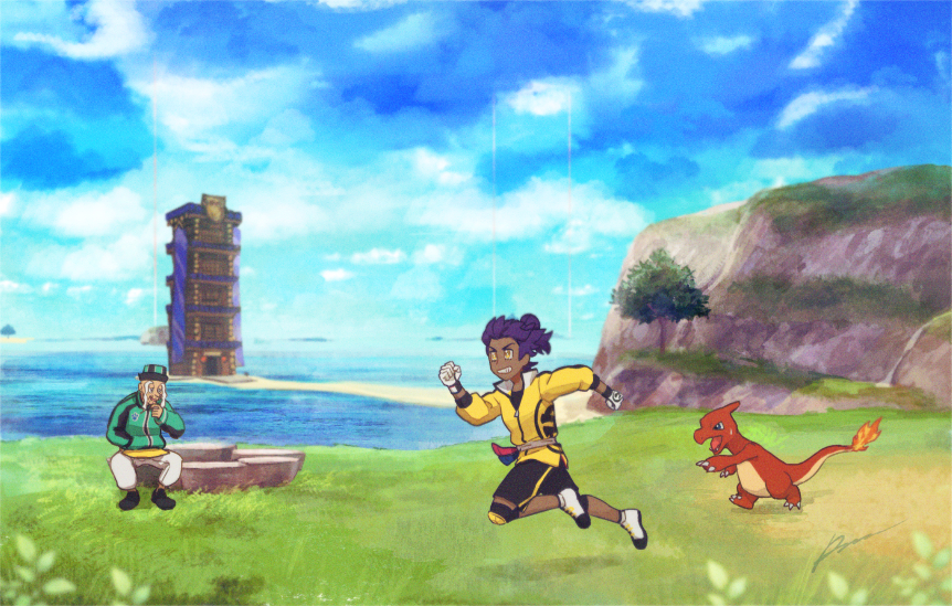 2boys aged_down black_shorts building charmeleon cloud commentary_request day gen_1_pokemon gloves grass grin jacket knee_pads leon_(pokemon) male_focus master_dojo_uniform multiple_boys mustard_(pokemon) nintendo outdoors pokemon pokemon_(creature) pokemon_swsh purple_hair running sagemaru-br sash shoes shorts sitting sky smile teeth tower water white_footwear white_gloves yellow_eyes yellow_jacket zipper_pull_tab