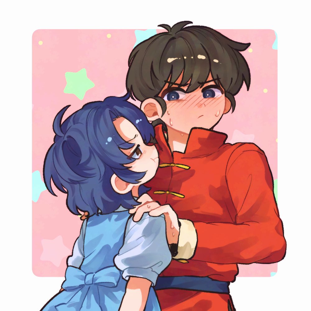 1boy 1girl blue_hair blush braid braided_ponytail chinese_clothes dong_o0 fuurinkan_high_school_uniform hetero nervous ranma_1/2 saotome_ranma school_uniform short_hair size_difference star_(symbol) tangzhuang tendou_akane