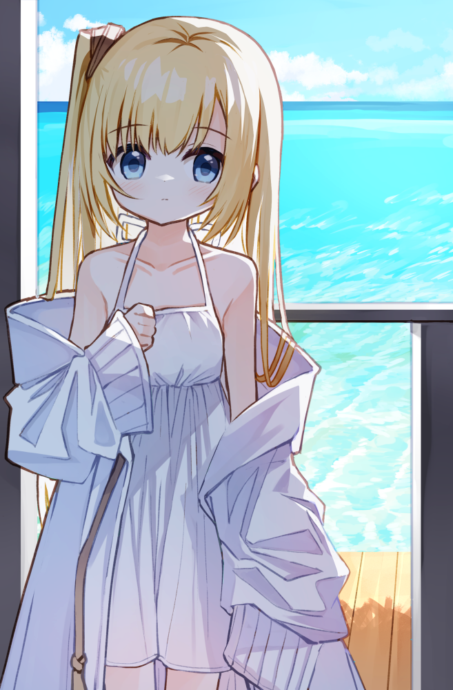 1girl bare_shoulders blonde_hair blue_eyes blue_sky blush closed_mouth cloud collarbone day dress flower_girl_(yuuhagi_(amaretto-no-natsu)) hair_between_eyes hand_up horizon jacket long_hair long_sleeves ocean off_shoulder open_clothes open_jacket original side_ponytail sky sleeveless sleeveless_dress sleeves_past_wrists solo standing very_long_hair water white_dress white_jacket wide_sleeves yuuhagi_(amaretto-no-natsu)