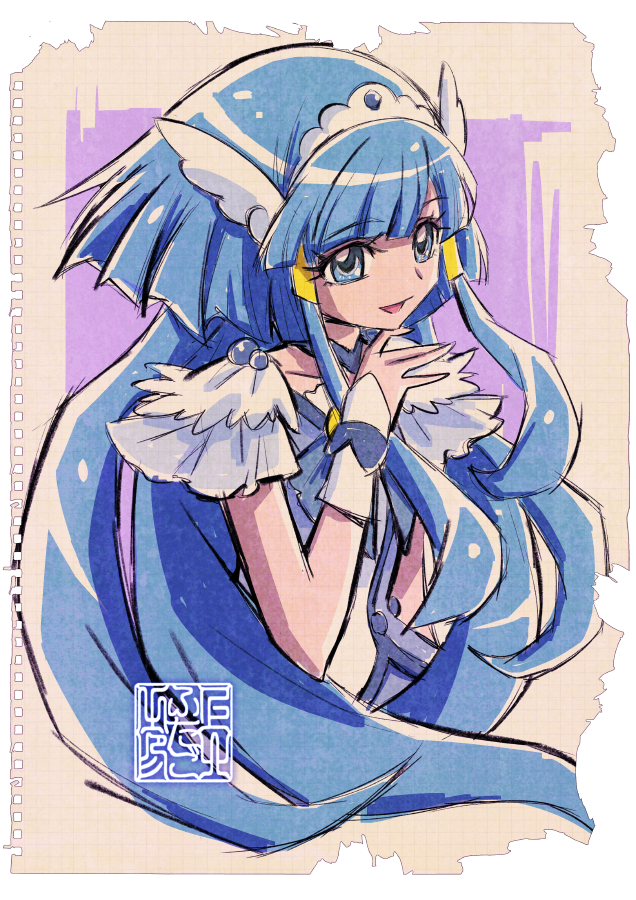 1girl aoki_reika artist_logo blue_bow blue_bowtie blue_choker blue_dress blue_eyes blue_hair bow bowtie choker cure_beauty dress fake_head_wings graph_paper hair_ornament kamikita_futago logo looking_to_the_side paper_background parted_lips precure sidelocks smile_precure! solo stamp_mark tiara torn_paper white_wrist_cuffs wing_hair_ornament wrist_cuffs