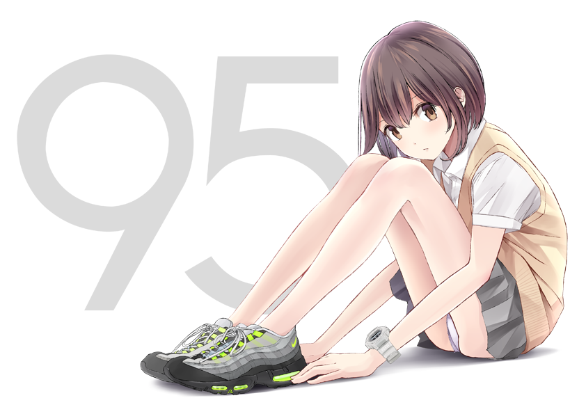 1girl bad_id bad_pixiv_id bare_legs black_skirt blush brown_hair chikuwa_(glossymmmk) chikuwa_(odennabe) collared_shirt dress_shirt female_focus full_body kneepits knees_to_chest knees_up leaning_forward looking_at_viewer original panties pantyshot pleated_skirt ribbon shirt shoelaces shoes short_hair short_sleeves sitting skinny skirt sneakers solo tareme transparent_background underwear watch white_panties white_ribbon white_shirt wristwatch
