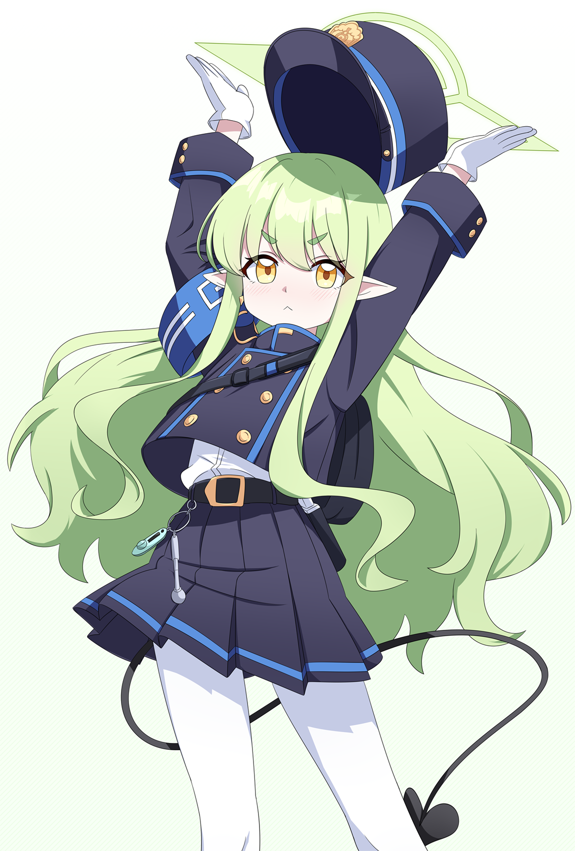 1girl armband arms_up black_hat black_jacket black_skirt blue_archive blue_armband blush buttons closed_mouth commentary demon_tail double-breasted gloves green_hair green_halo halo hat highres hikari_(blue_archive) jacket long_hair long_sleeves looking_at_viewer miniskirt pantyhose peaked_cap pleated_skirt pointy_ears shirt simple_background skirt solo tail welchsbinn white_gloves white_pantyhose white_shirt yellow_eyes
