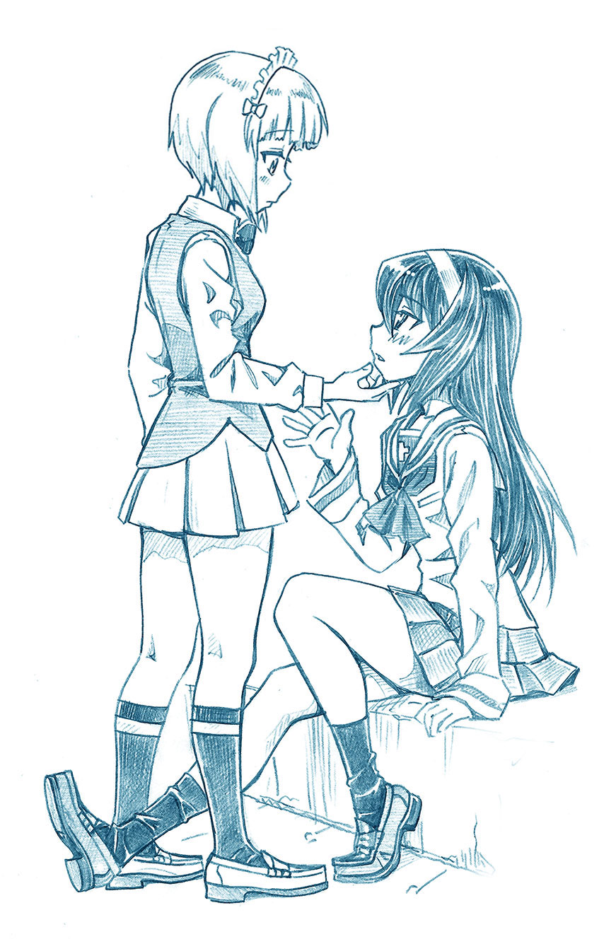 2girls bartender bbb_(friskuser) blouse blue_theme blush bob_cut bow bowtie closed_mouth commentary cutlass_(girls_und_panzer) dress_shirt from_side girls_und_panzer hairband hand_on_another&#039;s_chin highres light_frown loafers long_hair long_sleeves looking_at_another maid_headdress miniskirt monochrome multiple_girls neckerchief ooarai_naval_school_uniform ooarai_school_uniform parted_lips pleated_skirt reizei_mako sailor_collar school_uniform serafuku shirt shoes short_hair single_horizontal_stripe sitting skirt socks standing vest yuri