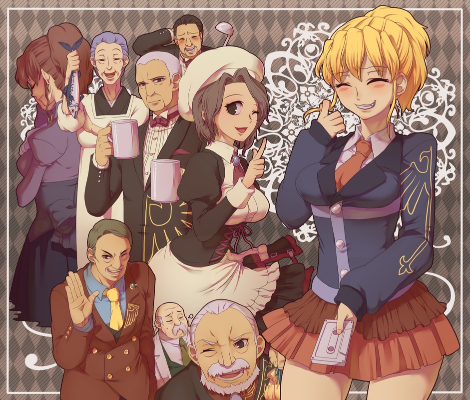 07th_expansion 4girls 5boys blonde_hair brown_hair fish formal_clothes gouda_toshirou grey_hair kumasawa_chiyo multiple_boys multiple_girls nanjou_terumasa necktie niso no_naku_koro_ni_(series) ponytail ronoue_genji shannon_(umineko) skirt suit umineko_no_naku_koro_ni ushiromiya_jessica ushiromiya_kinzou ushiromiya_krauss ushiromiya_natsuhi