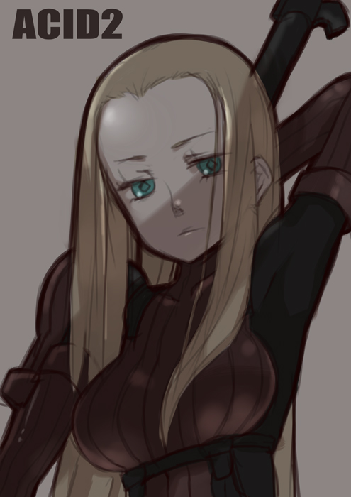 1girl blonde_hair bodysuit breasts closed_mouth commentary_request female_focus gloves gun long_hair looking_at_viewer metal_gear_(series) metal_gear_acid metal_gear_acid_2 simple_background solo tank_(artist) venus_(mga) weapon