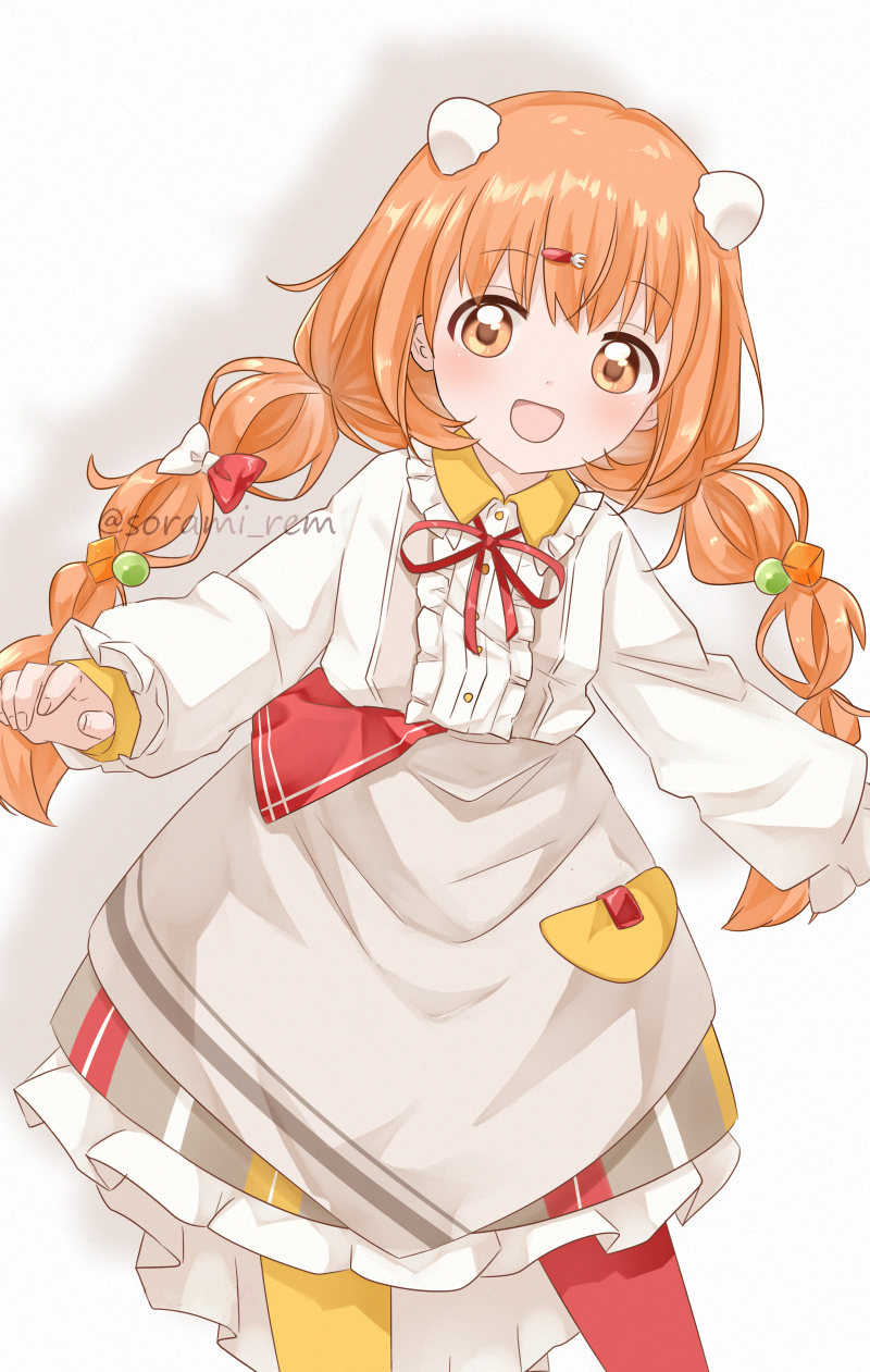 1girl apron apron_pocket bow center_frills commentary commentary_request cube_hair_ornament dress egg_hair_ornament english_commentary food-themed_hair_ornament fork_hair_ornament frilled_dress frilled_shirt_collar frills hair_bobbles hair_bow hair_ornament highres kirara_tamako kirara_tamako_(1st_costume) long_hair long_sleeves mixed-language_commentary multi-tied_hair multicolored_pantyhose neck_ribbon nijisanji open_mouth orange_eyes ribbon shirt_tucked_in skirt smile solo sorami_rem striped_clothes striped_skirt virtual_youtuber waist_apron