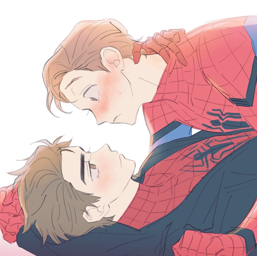 2boys animal_print animification black_hoodie blue_bodysuit blush bodysuit brown_eyes brown_hair closed_mouth dual_persona hand_around_neck hood hoodie looking_at_another looking_down looking_up lying male_focus marvel marvel_cinematic_universe multiple_boys on_back open_clothes open_hoodie peter_parker red_bodysuit selfcest short_hair simple_background skdlfjgrp smile spider-man spider-man:_no_way_home spider-man_(series) spider_print spider_web_print superhero_costume sweatdrop two-tone_bodysuit web_shooter white_background yaoi