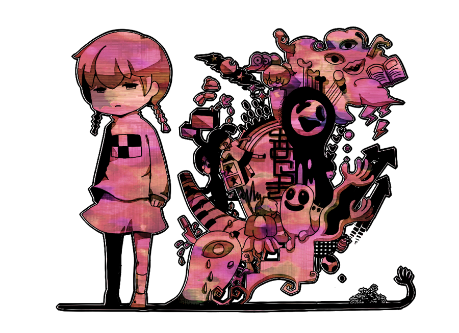 1girl 6274 bad_id bad_pixiv_id book braid expressionless female_focus full_body kasei-san knife kyukkyu-kun madotsuki mafurako monoko poniko sekomumasada_sensei solo transparent_background twin_braids twintails uboa yume_nikki