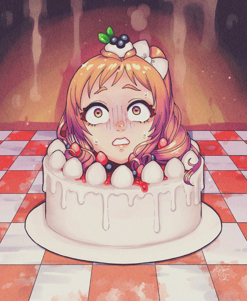 1girl ai-generated_art_(topic) ai_drawing_person_in_cake_(meme) byackopath_(artist) cake commentary_request decapitated_head food foodification frown fruit hair_ribbon komiya_nikuru_(byackopath) long_hair looking_at_viewer meme nervous_sweating one_side_up open_mouth orange_eyes orange_hair original raised_eyebrows ribbon shadow solo strawberry sweat tablecloth turn_pale