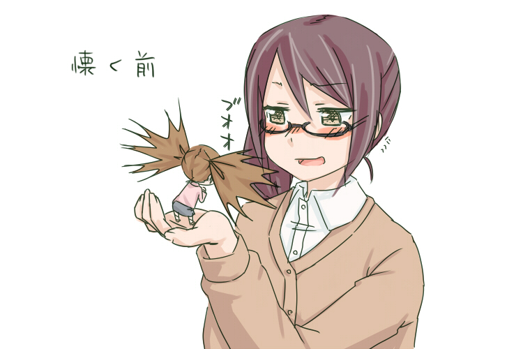 2girls brown_hair chibi glasses mini_person minigirl monoca monoka_(hare_tokidoki_yuki) multiple_girls okujou_no_yurirei-san side_ponytail simple_background sonou_tsukuyo translation_request tsurugimine_kiri twintails white_background