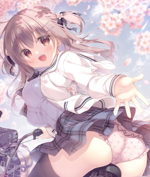 1girl :d ass bag bicycle black_bow blue_shirt blue_sky blush bow braid breasts brown_eyes brown_hair cloud commentary_request day drawstring floral_print flower frilled_panties frills grey_bow grey_skirt hair_between_eyes hair_bow hair_ornament hairclip jacket long_hair long_sleeves medium_breasts open_clothes open_jacket open_mouth original outdoors panties petals pink_flower plaid_bow plaid_clothes plaid_skirt pleated_skirt print_panties school_bag school_uniform shirt skirt sky sleeves_past_wrists smile solo star_panties star_print two_side_up underwear white_flower white_jacket white_panties yukie_(peach_candy)