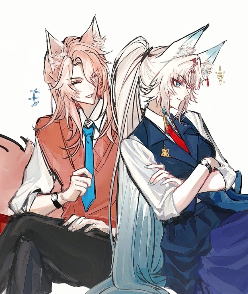 +++ 1boy 1girl alternate_costume animal_ear_fluff animal_ears black_pants blue_eyes blue_hair blue_nails blue_necktie blue_skirt blue_vest breasts closed_eyes closed_mouth collared_shirt commentary_request crossed_arms crossed_legs earrings feixiao_(honkai:_star_rail) fingernails forehead_jewel fox_boy fox_ears fox_girl fox_tail gradient_hair hair_between_eyes high_ponytail honkai:_star_rail honkai_(series) jewelry jiaoqiu_(honkai:_star_rail) korean_commentary lapels long_fingernails long_hair long_sleeves looking_to_the_side medium_breasts multicolored_hair nail_polish necktie pants parted_bangs pink_hair pleated_skirt ponytail red_necktie red_sweater_vest shirt sidelocks simple_background sitting skirt smile sparkle sweater_vest tail tassel tassel_earrings teeth vest watch white_background white_hair white_shirt wristwatch yziyiling
