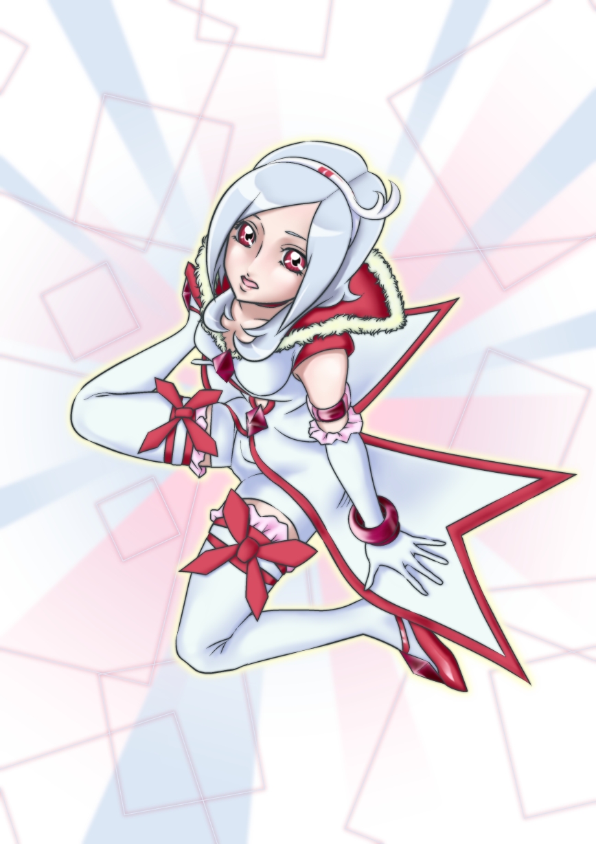 1girl alternate_costume bare_shoulders bracelet breasts eas_(fresh_precure!) elbow_gloves female_focus fresh_precure! frilled_gloves frilled_thighhighs frills fur_trim gems gloves hairband higashi_setsuna high_heels highres jacket jewelry latex legs_apart medium_breasts parted_lips precure red_eyes red_ribbon ribbon shorts sidelocks simple_background solo thighhighs thighs white_gloves white_hair white_thighhighs