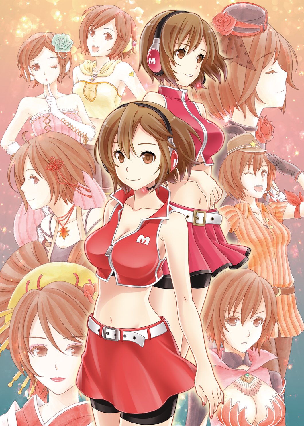 1girl bare_shoulders belt bike_shorts black_gloves breasts brown_eyes brown_hair collarbone commentary cowboy_shot crop_top detached_collar dress elbow_gloves finger_to_mouth frilled_dress frills gloves hair_ornament hairpin highres index_finger_raised japanese_clothes kanzashi kirita_asami lipstick looking_at_viewer looking_to_the_side makeup medium_breasts meiko_(rei_no_sakura_benitsubaki)_(vocaloid) meiko_(sexy_pudding)_(vocaloid) meiko_(vocaloid) meiko_(vocaloid3) miniskirt multiple_views one_eye_closed orange_shirt pink_dress red_shirt red_skirt salute shirt short_hair shorts shorts_under_skirt skirt smile song_request star_(symbol) strapless strapless_dress striped_clothes striped_shirt tassel vocaloid white_gloves yellow_dress zipper