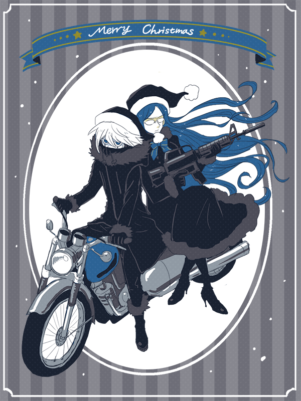 1boy 1girl alternate_costume android banner black_background black_coat black_dress black_footwear black_hat black_pants blue_bow blue_bowtie blue_eyes blue_hair boots bow bowtie christmas coat commentary_request covered_mouth danganronpa_(series) danganronpa_v3:_killing_harmony dress full_body fur-trimmed_boots fur-trimmed_coat fur-trimmed_dress fur-trimmed_headwear fur-trimmed_sleeves fur_trim furrowed_brow glasses gohan_(8823cobalt) gun hair_between_eyes hat high_heel_boots high_heels holding holding_gun holding_weapon k1-b0 long_dress long_hair long_sleeves merry_christmas motorcycle on_motorcycle oval pants pom_pom_hat_ornament riding round_eyewear santa_hat shirogane_tsumugi short_hair simple_background snowing striped_background striped_bow striped_bowtie striped_clothes turtleneck very_long_hair weapon white_hair winter_clothes winter_coat