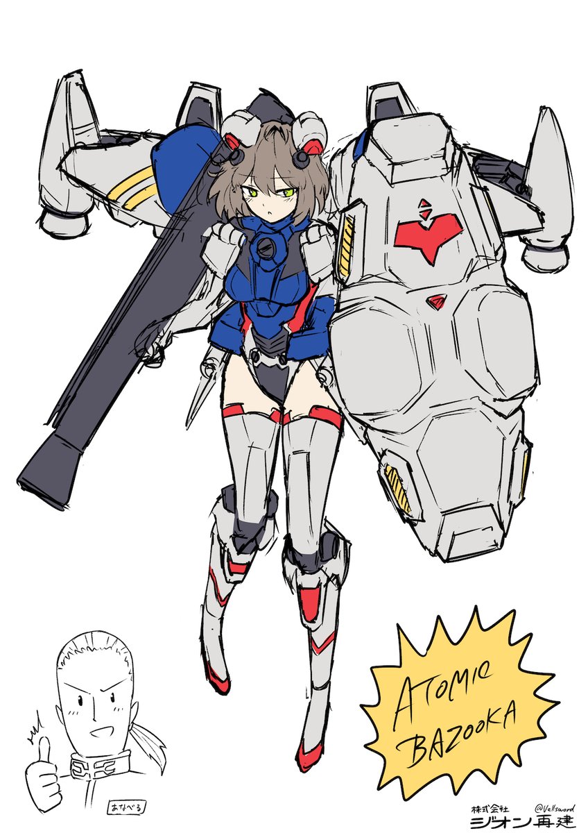 1boy 1girl :o anavel_gato boots breasts grey_hair gun gundam gundam_0083 gundam_gp-02_physalis hair_between_eyes highres holding holding_gun holding_shield holding_weapon i.takashi looking_down medium_breasts open_mouth personification shield short_hair sketch solo_focus thigh_boots thighhighs thumbs_up v-shaped_eyebrows weapon white_background yellow_eyes