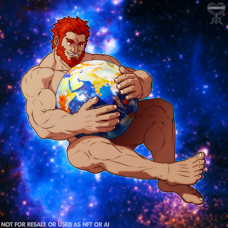 1boy artist_logo artist_name bara barefoot beard collarbone commentary completely_nude earth_(planet) english_commentary english_text facial_hair fate/grand_order fate_(series) giant hugging_object iskandar_(fate) leomon32 logo male_focus muscular muscular_male nude parted_lips planet red_facial_hair red_hair sideburns smile solo space star_(symbol) star_symbol_background teeth