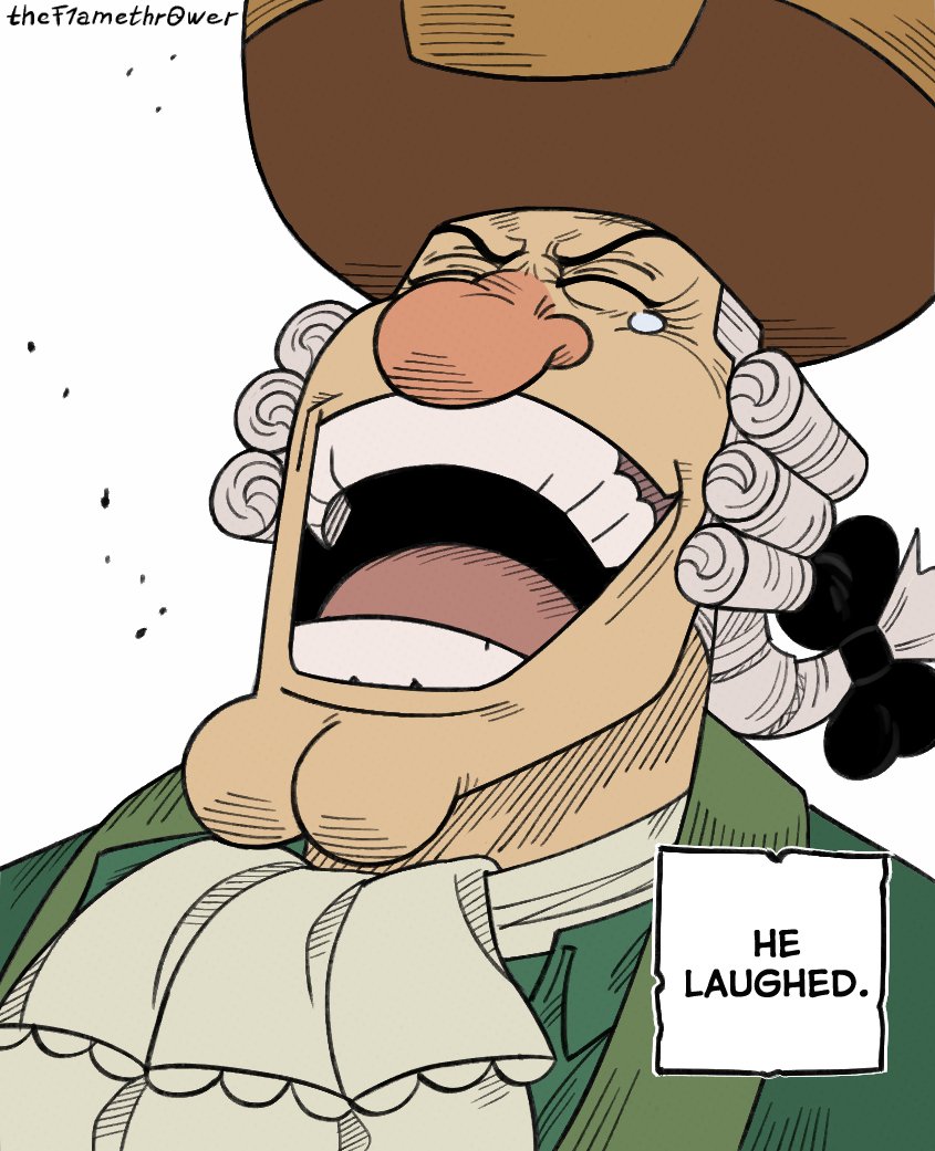 1boy artist_name black_bow bow brown_hat cleft_chin david_livesey english_text gol_d._roger green_shirt grey_hair hair_bow hat male_focus one_piece open_mouth parody portrait powdered_wig shirt simple_background solo thef1amethr0wer treasure_island treasure_island_(1988) upper_body white_background wig