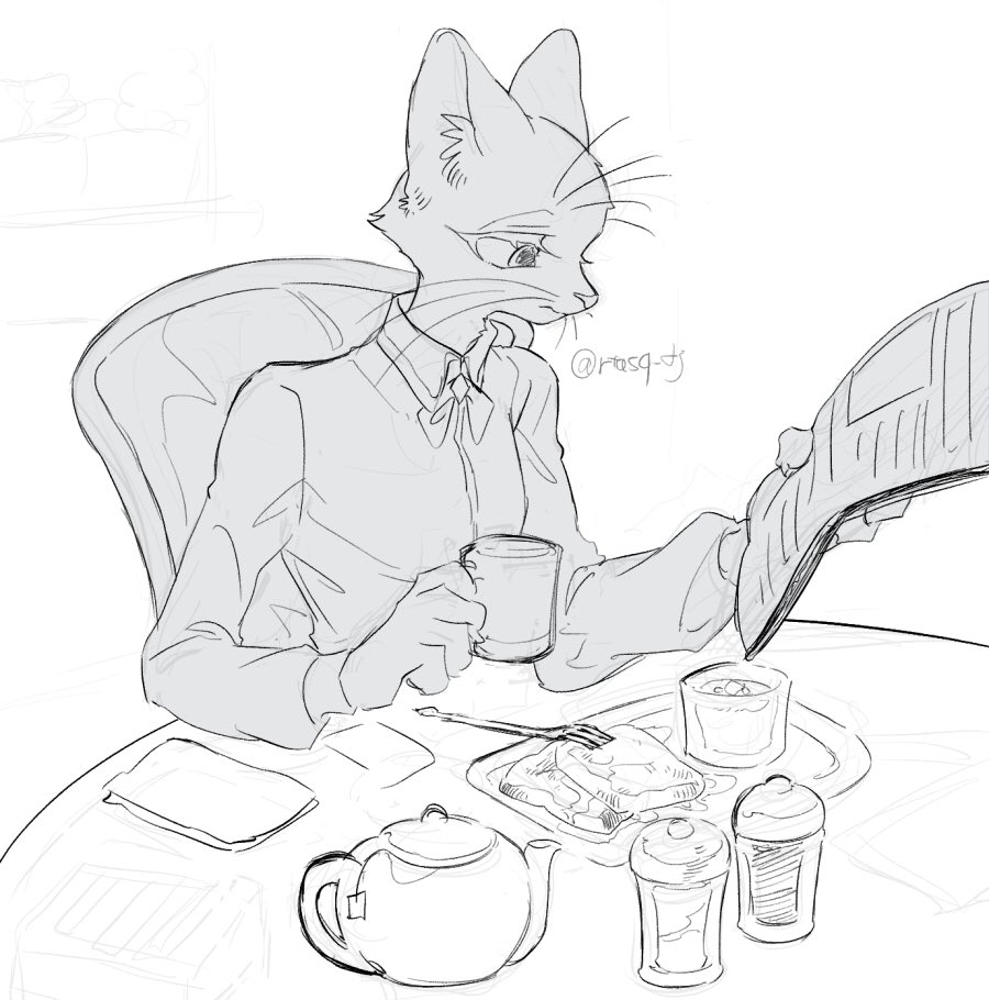 1boy animal_hands babeldj body_fur cat_boy chair claws commentary_request cup food furry furry_male greyscale holding holding_cup holding_newspaper male_focus monochrome mug newspaper original simple_background sitting solo table tea teapot upper_body white_background